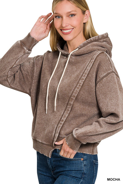 Zenana ACID WASH ASYMMETRICAL DETAILED FLEECE HOODIE