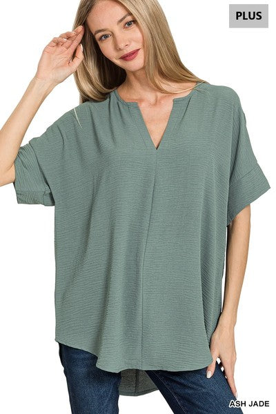 Zenana Plus Size Woven Airflow Split Neck Top
