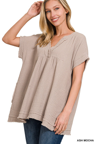 Zenana Double Gauze Raw Edge Short Sleeve