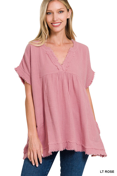 Zenana Double Gauze Raw Edge Short Sleeve