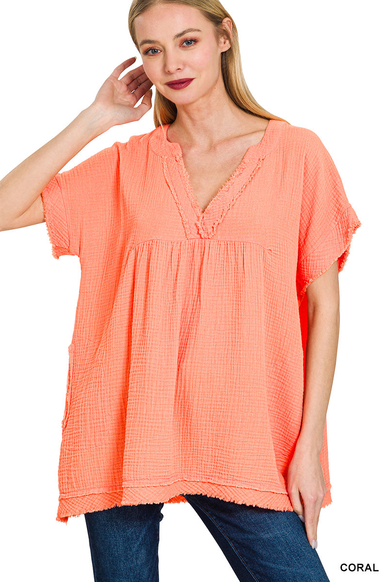 Zenana Double Gauze Raw Edge Short Sleeve