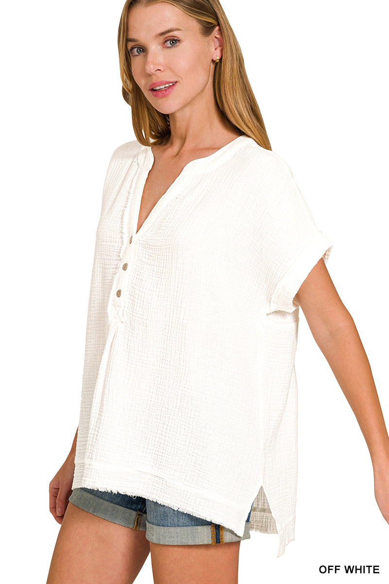 Zenana Washed Double Gauze Henley Neck Top