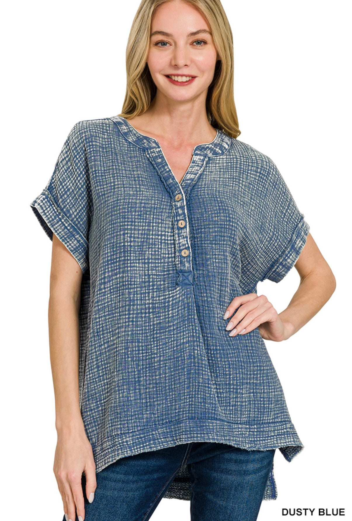 Zenana Washed Double Gauze Henley Neck Top