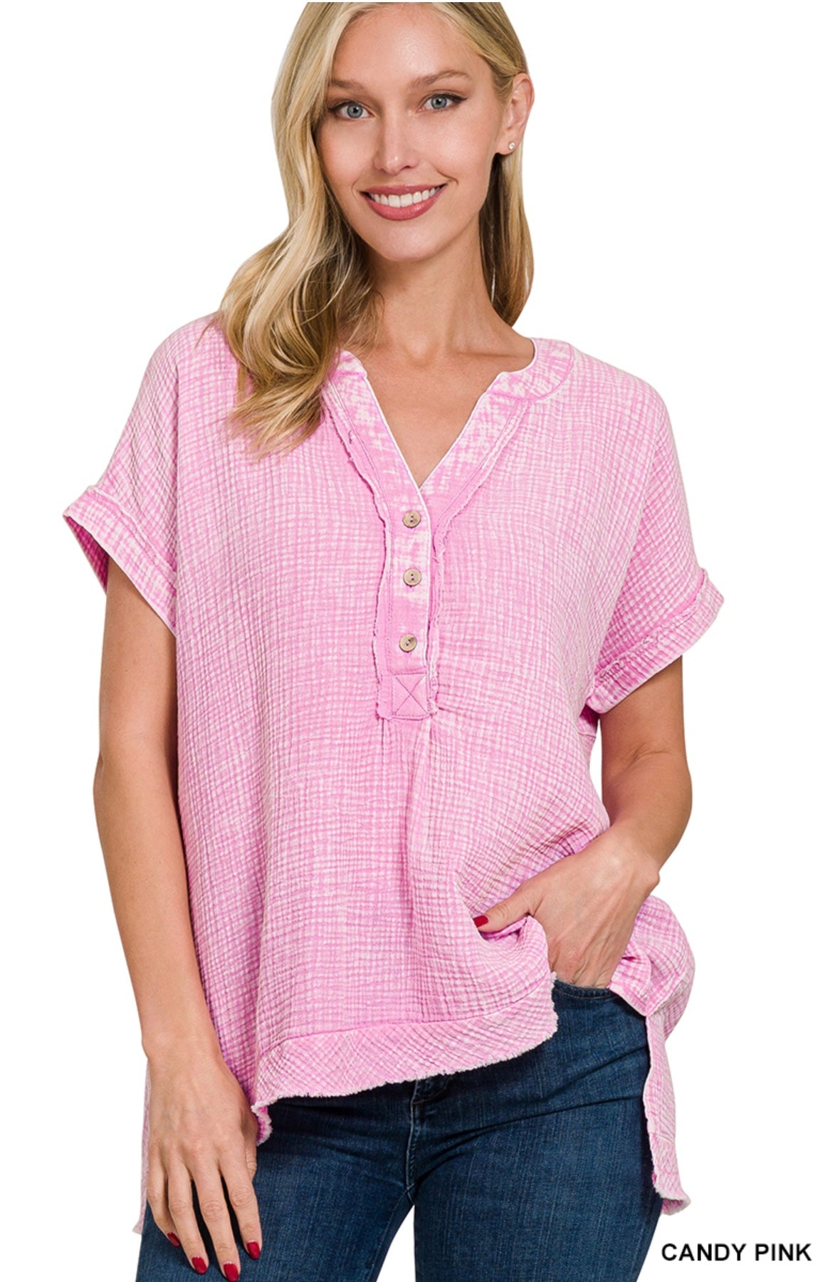 Zenana Washed Double Gauze Henley Neck Top
