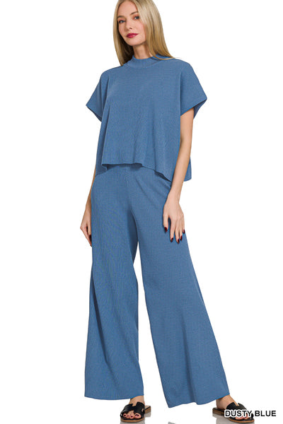 Zenana Viscose Sweater Short Sleeve Top 2 PC Set