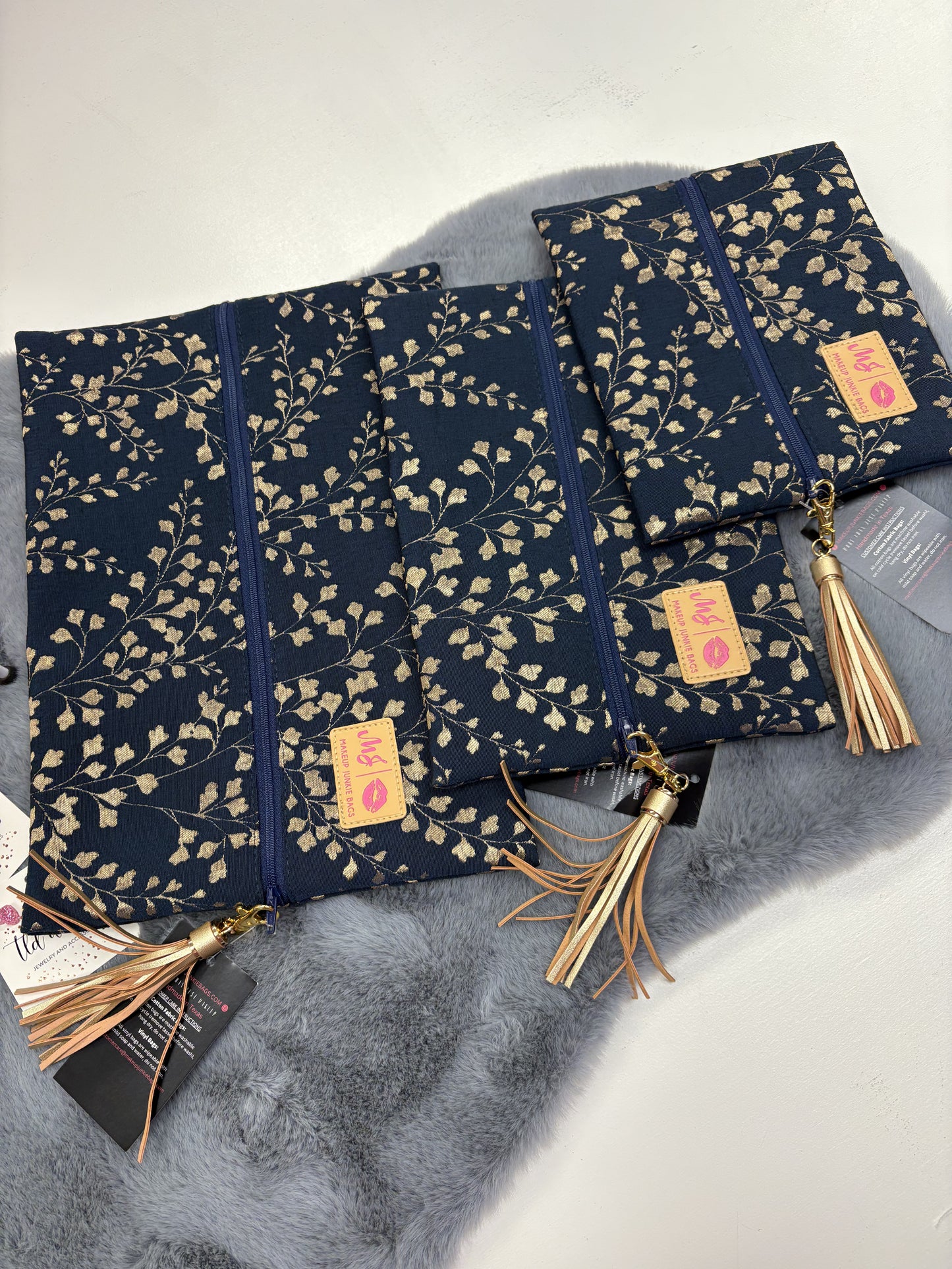 Makeup Junkie bags Navy/Gold Flowers