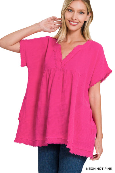 Zenana Double Gauze Raw Edge Short Sleeve