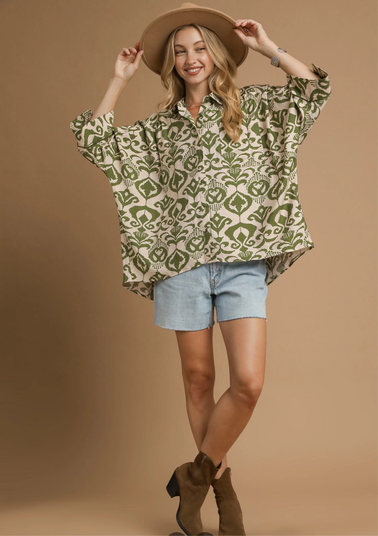Umgee Oversized Abstract Print Button Up Shirt