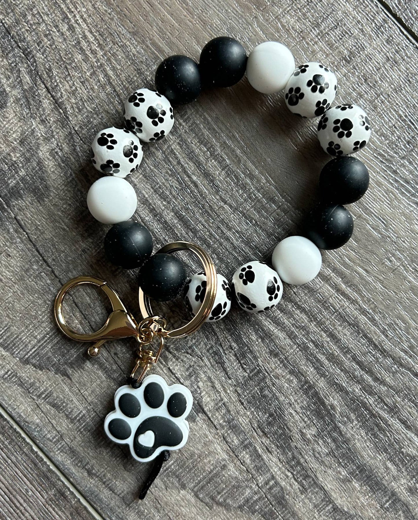 Paw Print Silicone and Wooden Bead Wristlet Keychain