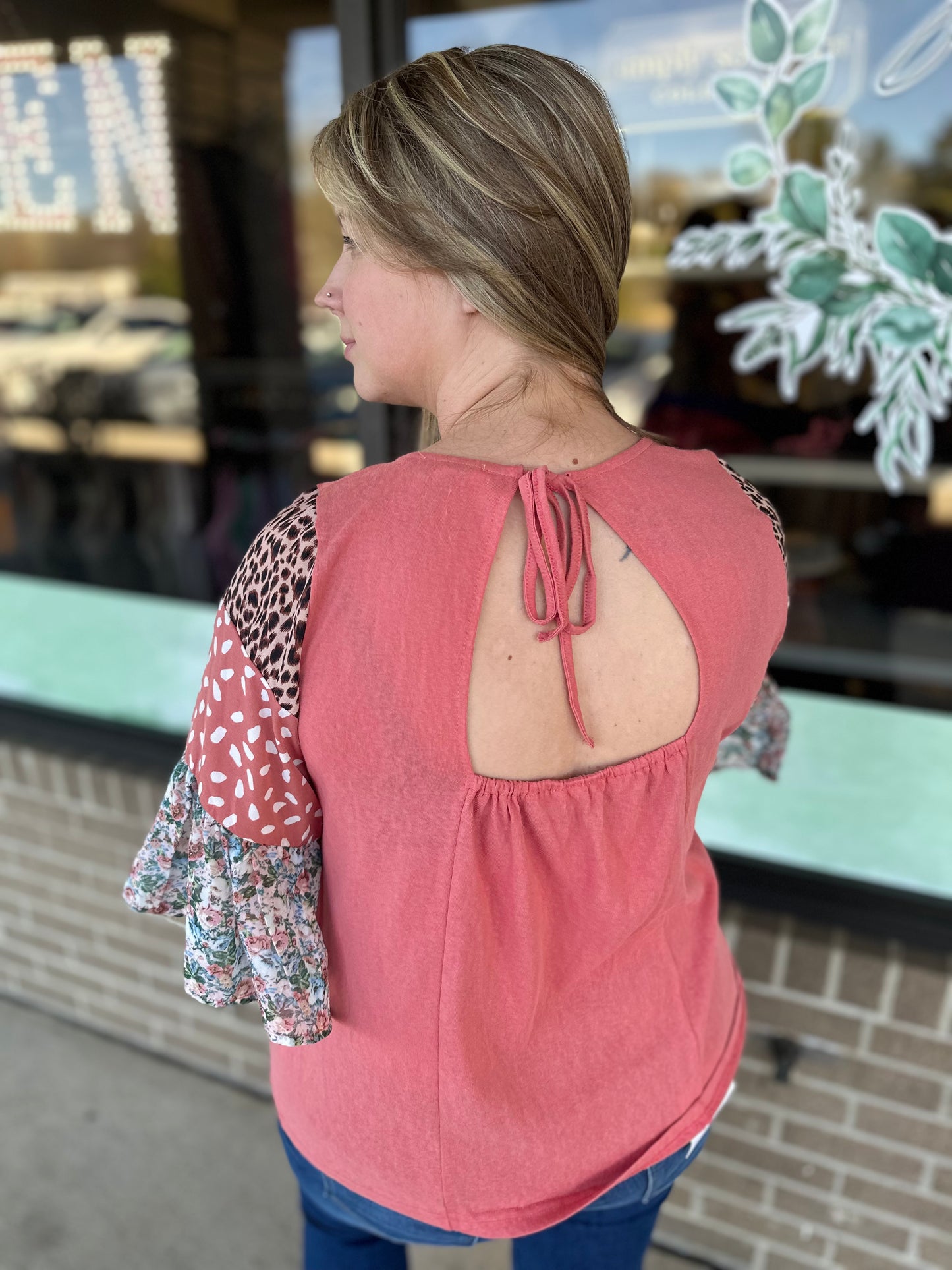 Umgee Mixed Print Ruffle Sleeve Raglan Top with Back Tie