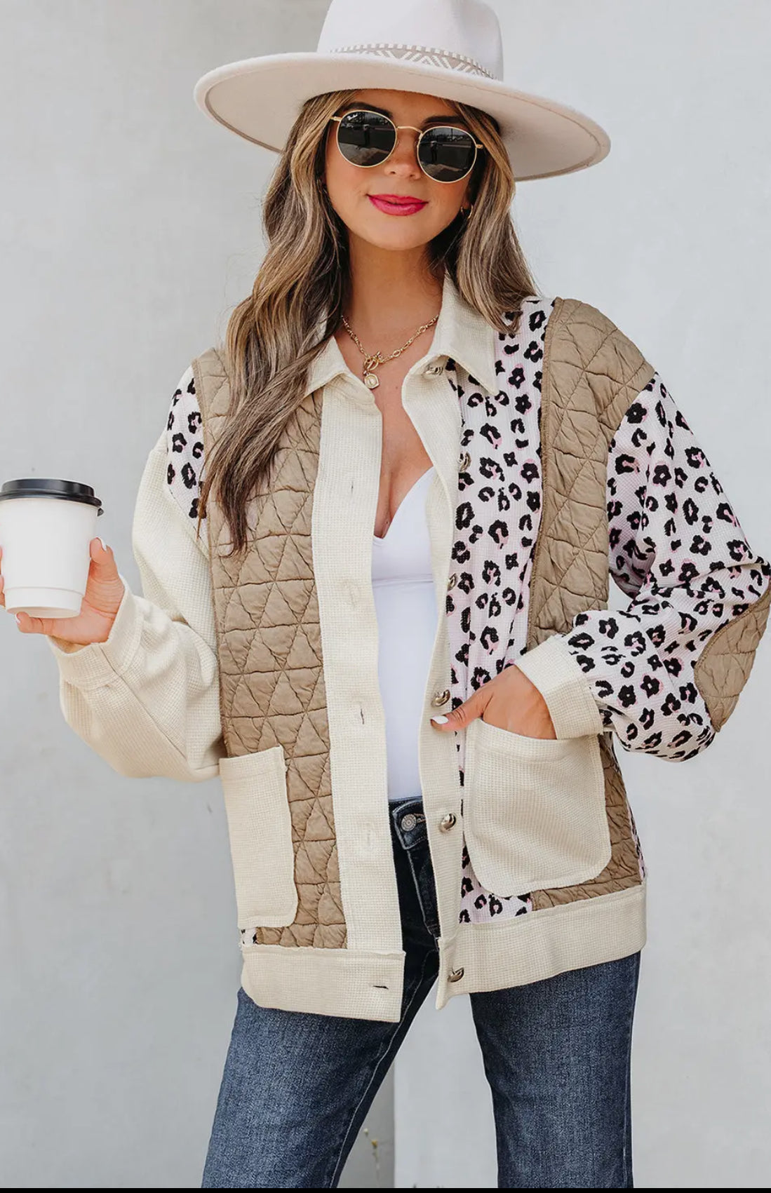 Lovesoft Khaki Leopard Waffle Quilted Patchwork Button Jacket