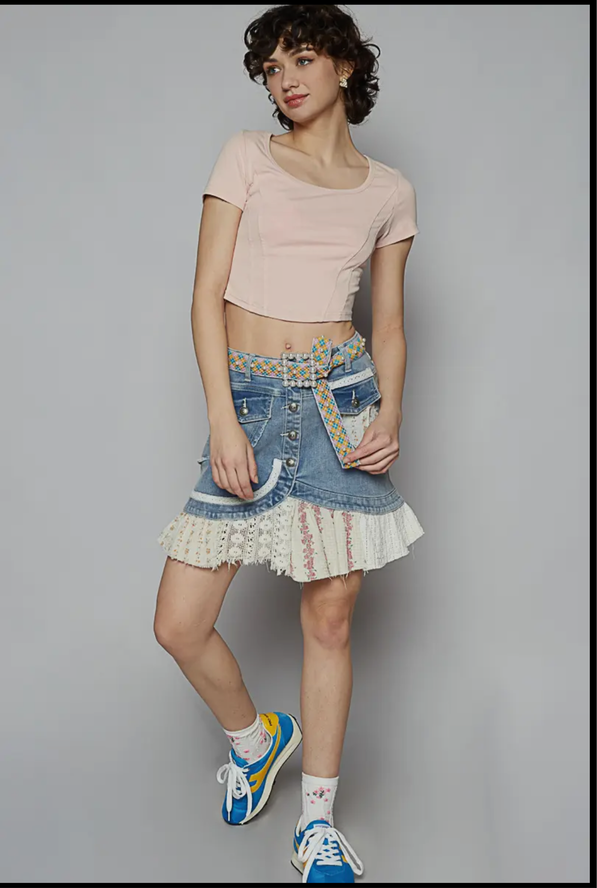 POL Printed Patchwork mini skirt button down Flare