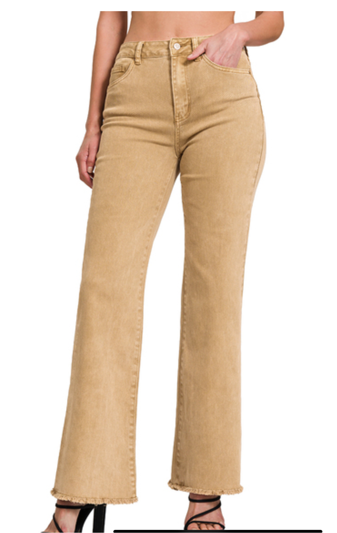 Zenana Acid Washed Frayed Cut Off Hem Straight Wide Pants