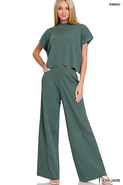 Zenana Viscose Sweater Short Sleeve Top 2 PC Set