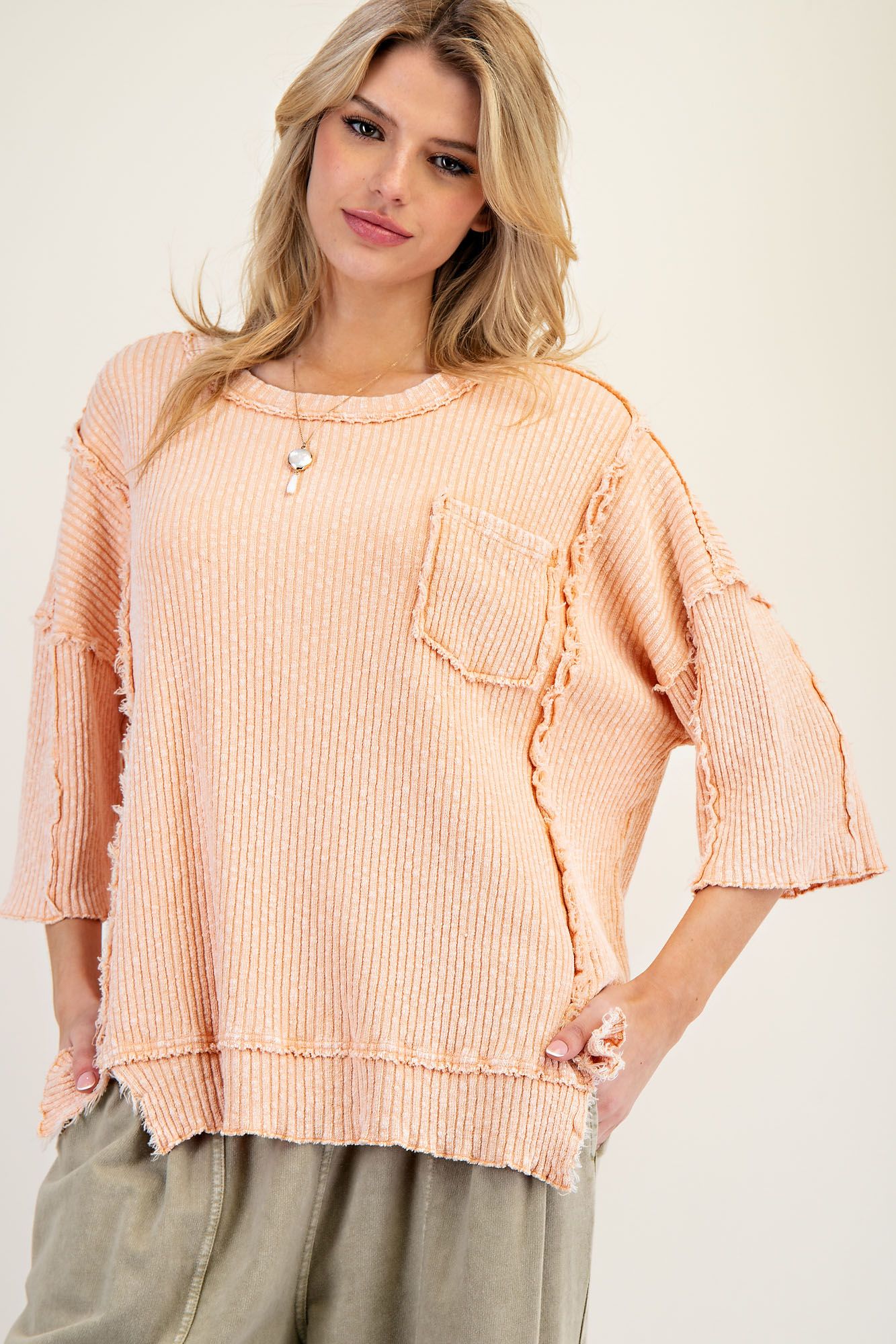 Easel Mineral Washed & Textured Rib Knit Top