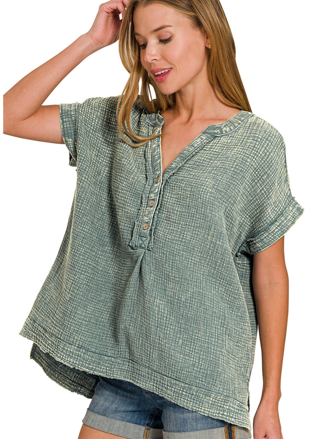 Zenana Washed Double Gauze Henley Neck Top