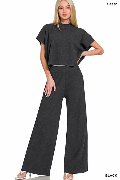 Zenana Viscose Sweater Short Sleeve Top 2 PC Set