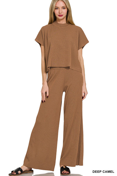 Zenana Viscose Sweater Short Sleeve Top 2 PC Set