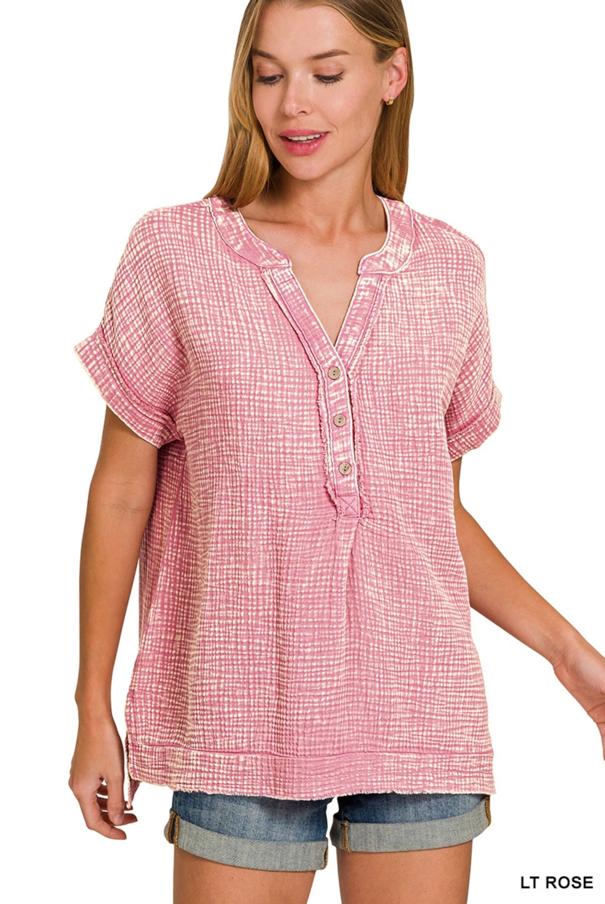 Zenana Washed Double Gauze Henley Neck Top