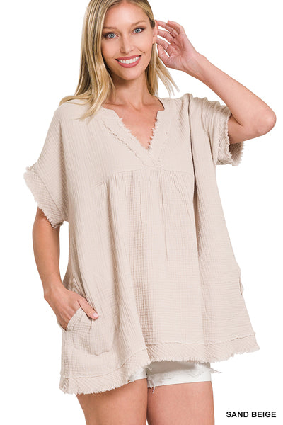 Zenana Double Gauze Raw Edge Short Sleeve