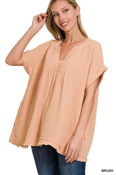 Zenana Double Gauze Raw Edge Short Sleeve