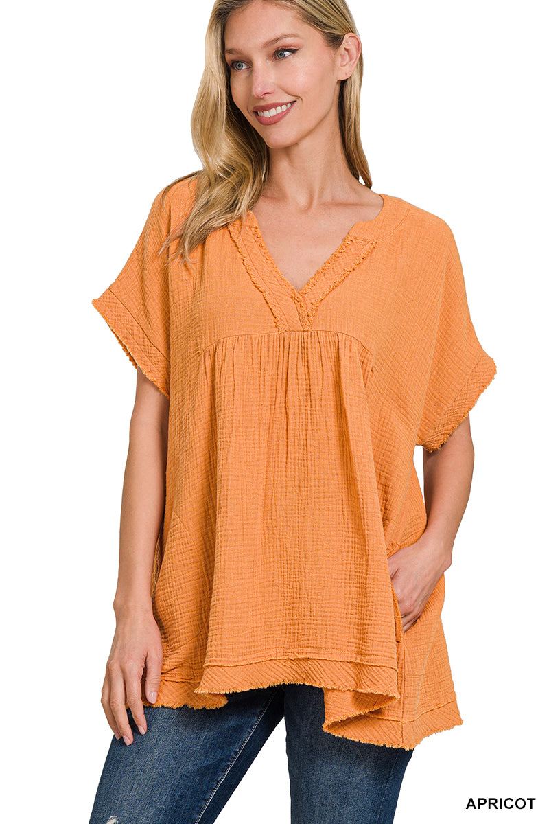 Zenana Double Gauze Raw Edge Short Sleeve