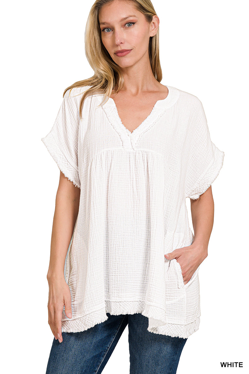 Zenana Double Gauze Raw Edge Short Sleeve