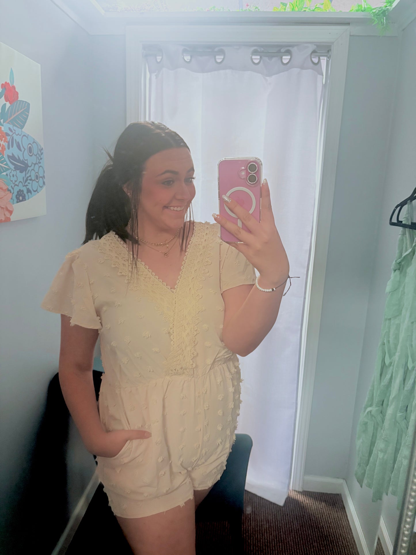 Lace Trim Pom Pom Surplice Romper