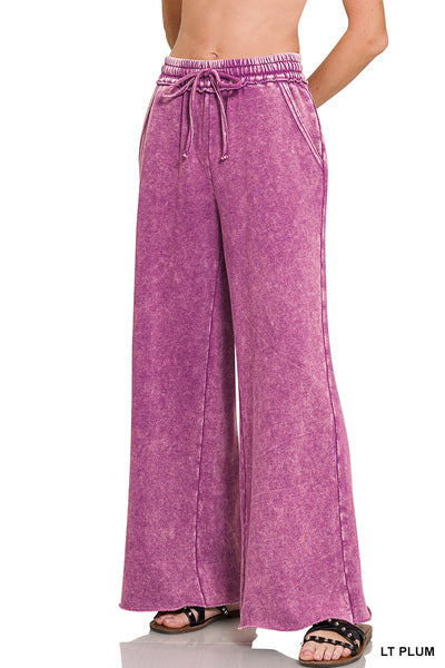 Zenana ACID WASH FLEECE PALAZZO SWEATPANTS WITH POCKETS
