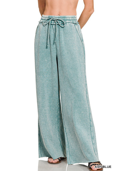 Zenana ACID WASH FLEECE PALAZZO SWEATPANTS WITH POCKETS