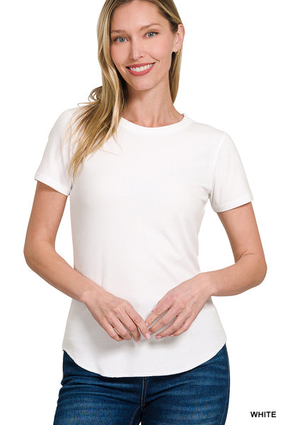 ZENANA RIBBED CURVED HEM ROUND-NECK TEE