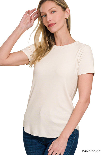 ZENANA RIBBED CURVED HEM ROUND-NECK TEE