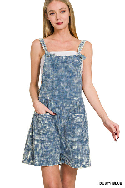 ZENANA WOVEN DOUBLE GAUZE ACID WASHED ELASTIC WAIST ROMPER
