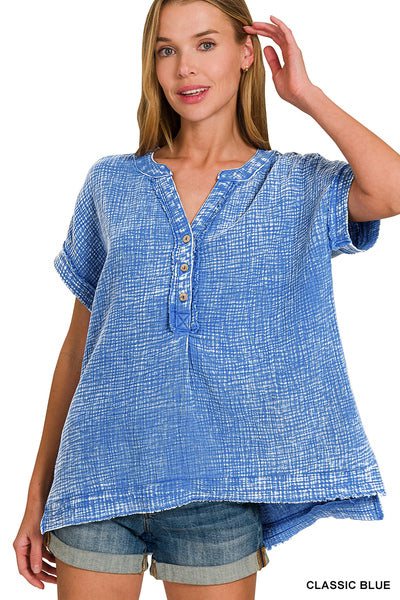 Zenana Washed Double Gauze Henley Neck Top