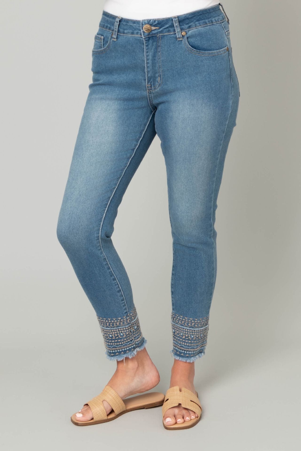 Pine Apparel Fray Ankle Embroidered jeans