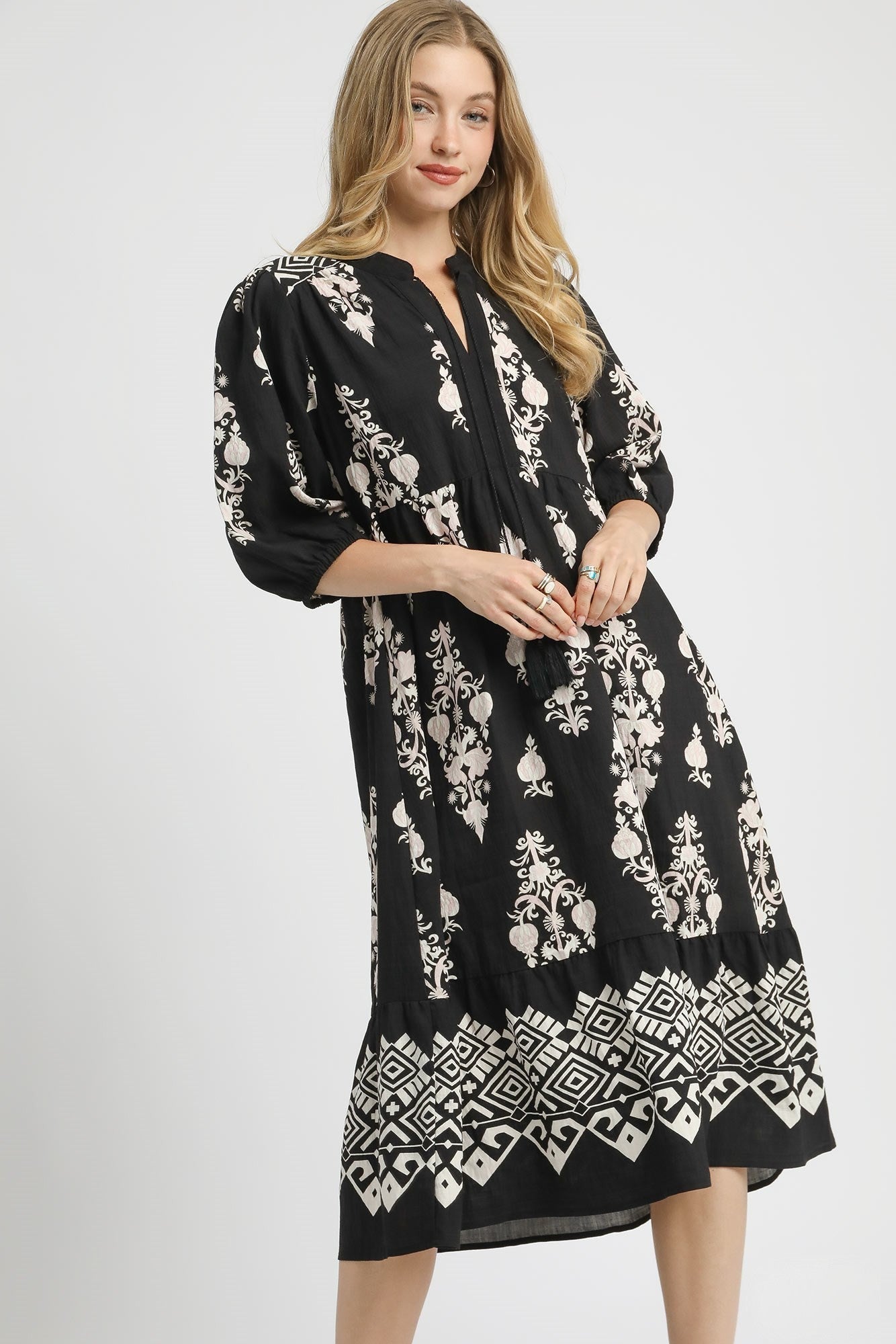 Umgee Abstract Print Tiered Midi Dress