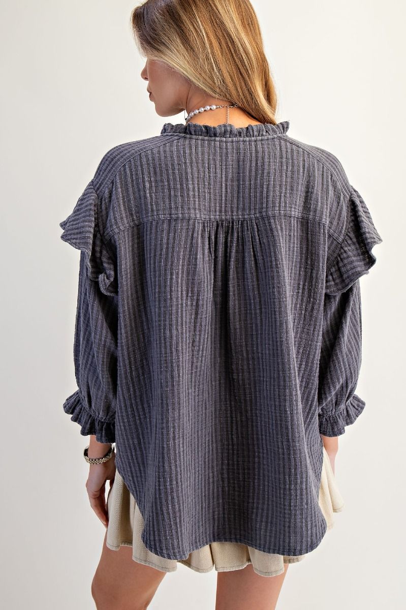 Easel 3/4 Sleeve Stripe Cotton Gauze Button Down Blouse