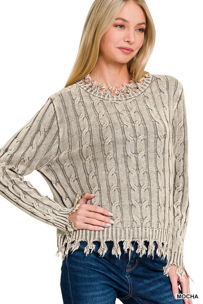 ZENANA WASHED CABLE KNIT FRINGE SWEATER