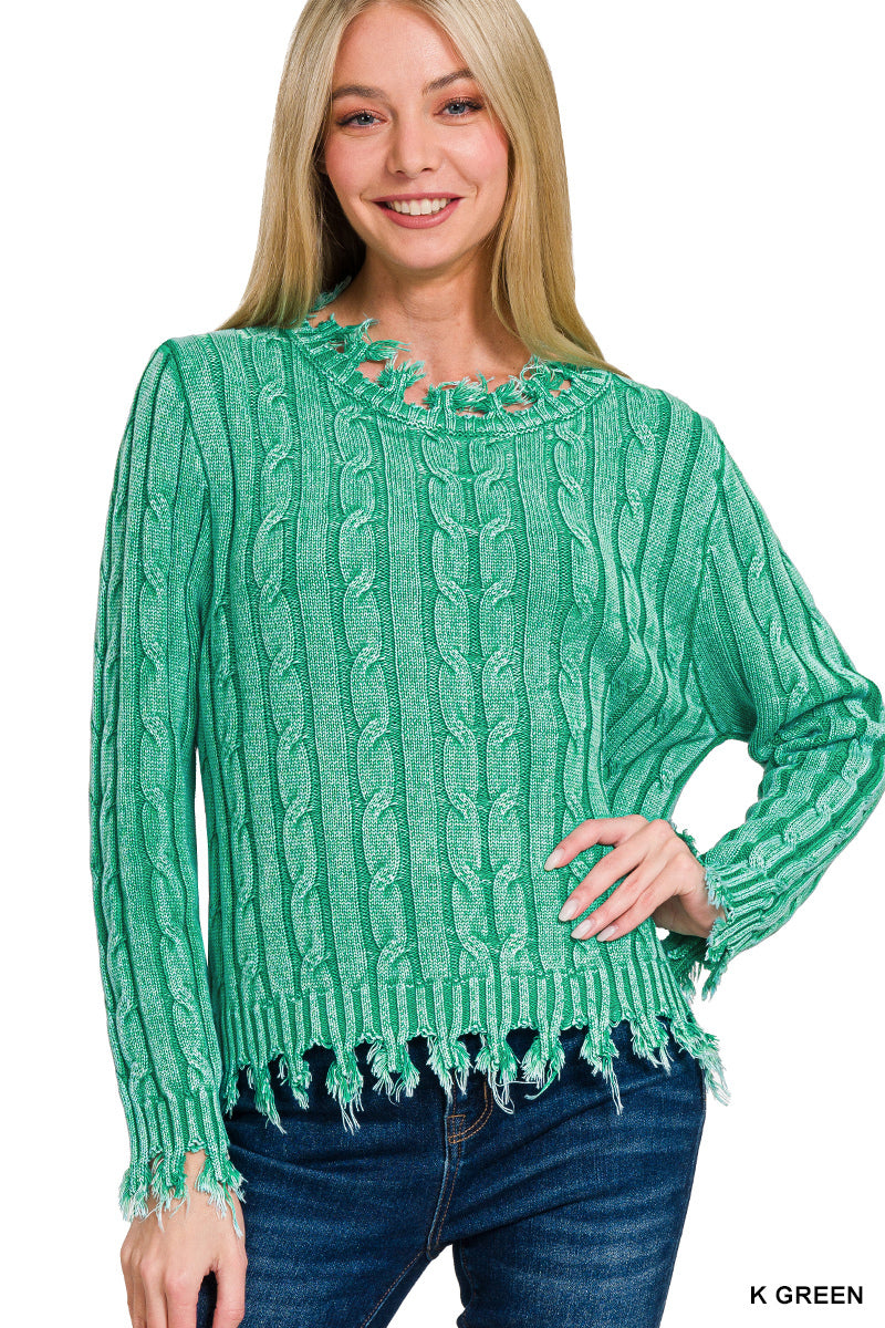 ZENANA WASHED CABLE KNIT FRINGE SWEATER