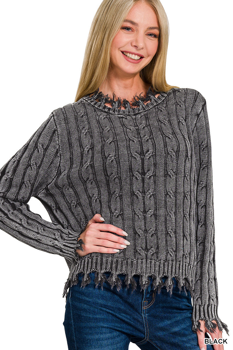 ZENANA WASHED CABLE KNIT FRINGE SWEATER