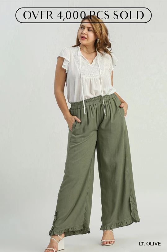 Umgee
Linen Blend Elastic Waist Ruffle Hem Pants with Pockets Lt. Olive