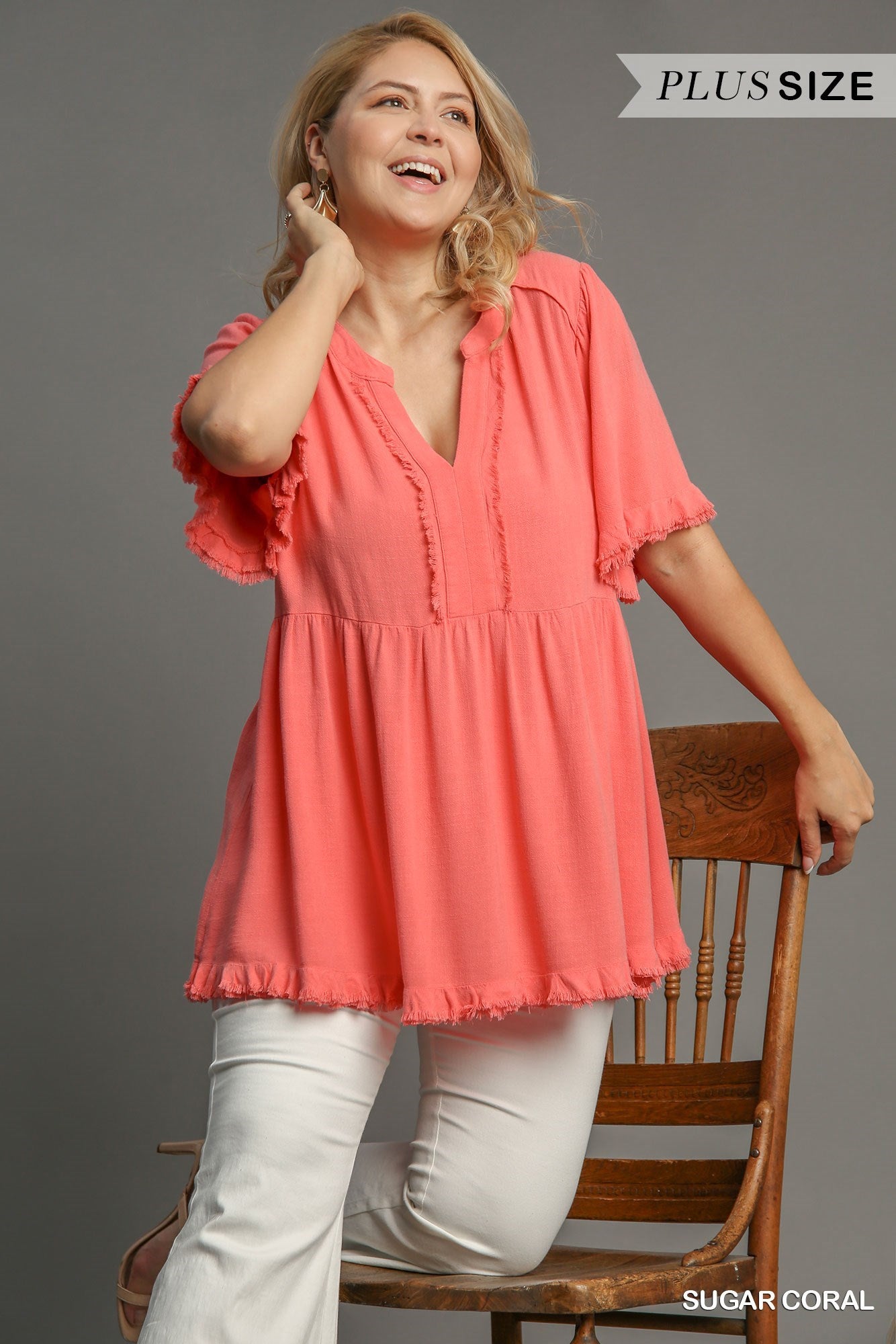 Umgee Linen Split Neck Top Sugar Coral