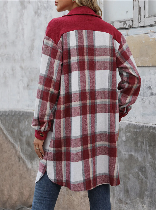 Autumn Winter Retro Brushed Long Plaid Shirt Jacket