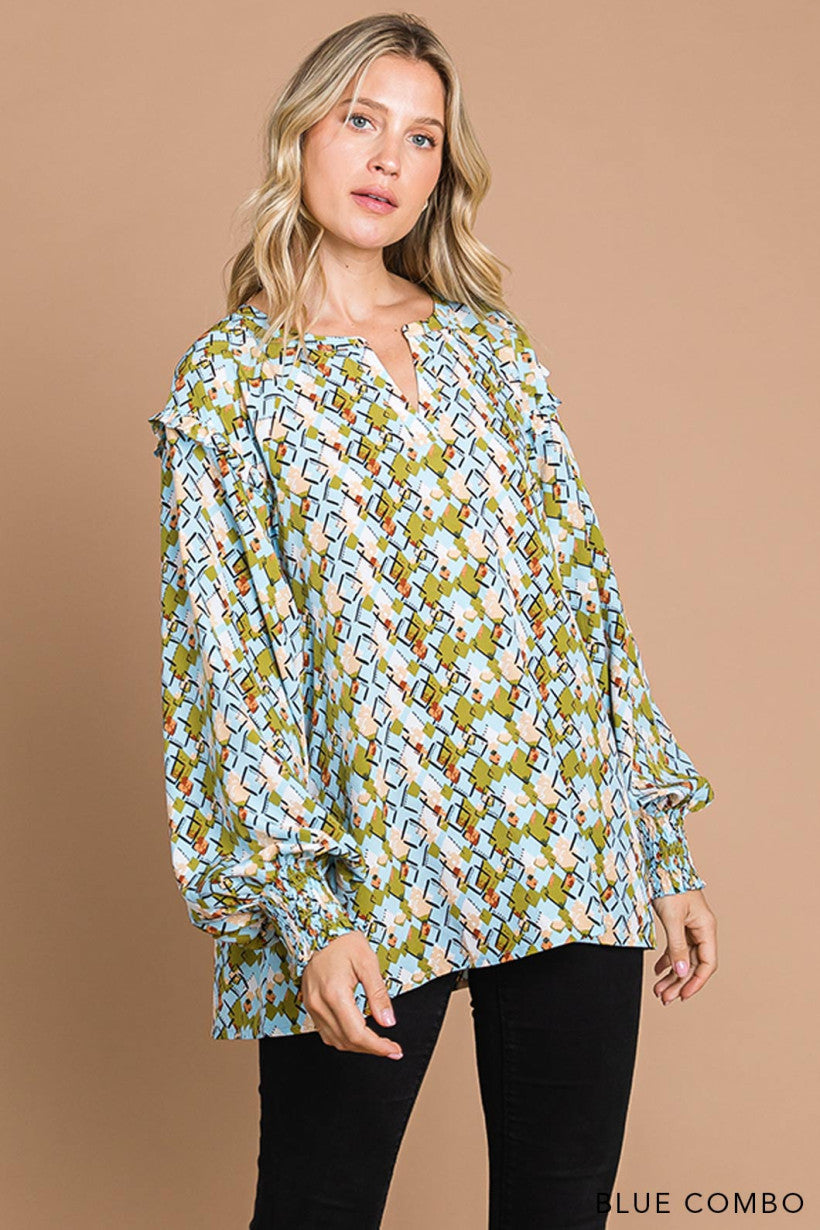 Cotton Bleu Soft Poly Ruffle Shoulder Trim Detailed Top