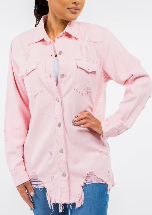 Distressed Denim Shacket - Curvy