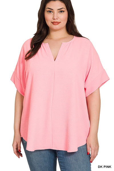 Zenana Plus Size Woven Airflow Split Neck Top