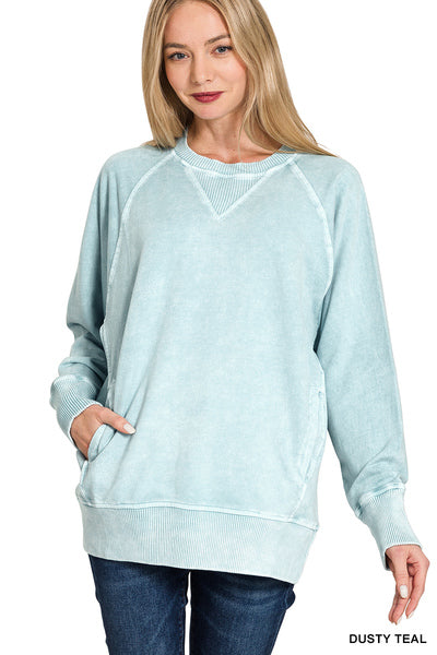 Zenana Acid Washed French Terry Round Neck Pullover
