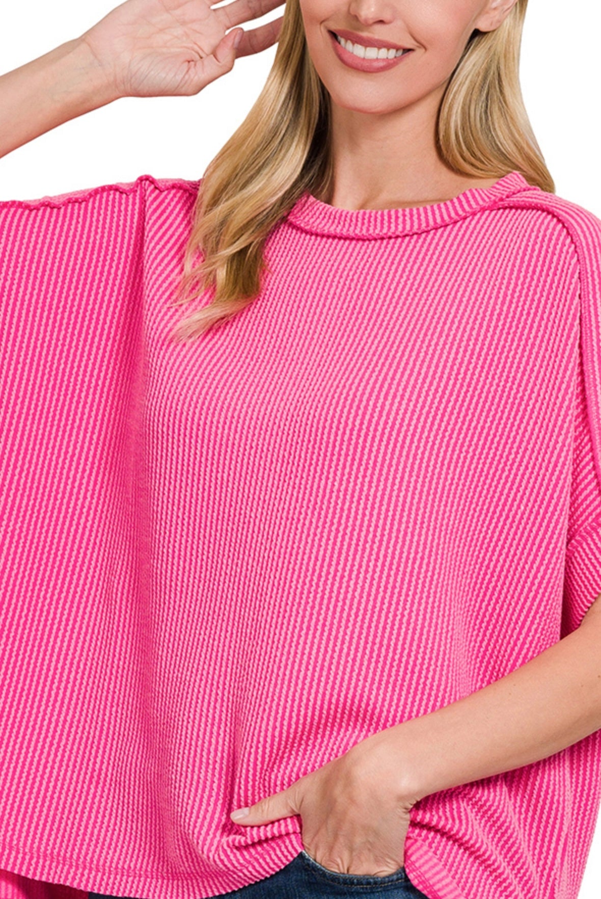 Zenana Raised Rib Cuff Sleeve Raw Edge Top