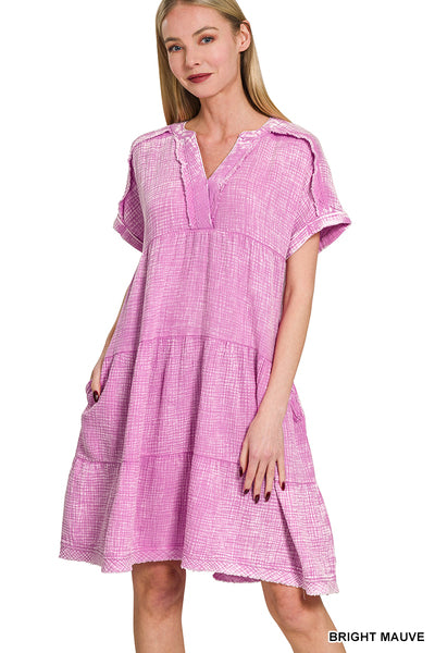 Zenana Washed Double Gauze Raw Edge V-Neck Dress