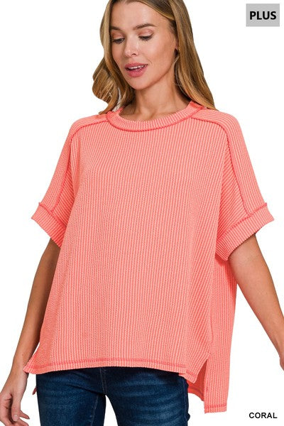 Zenana Plus Size Raised Rib Cuff Raw Edge Top